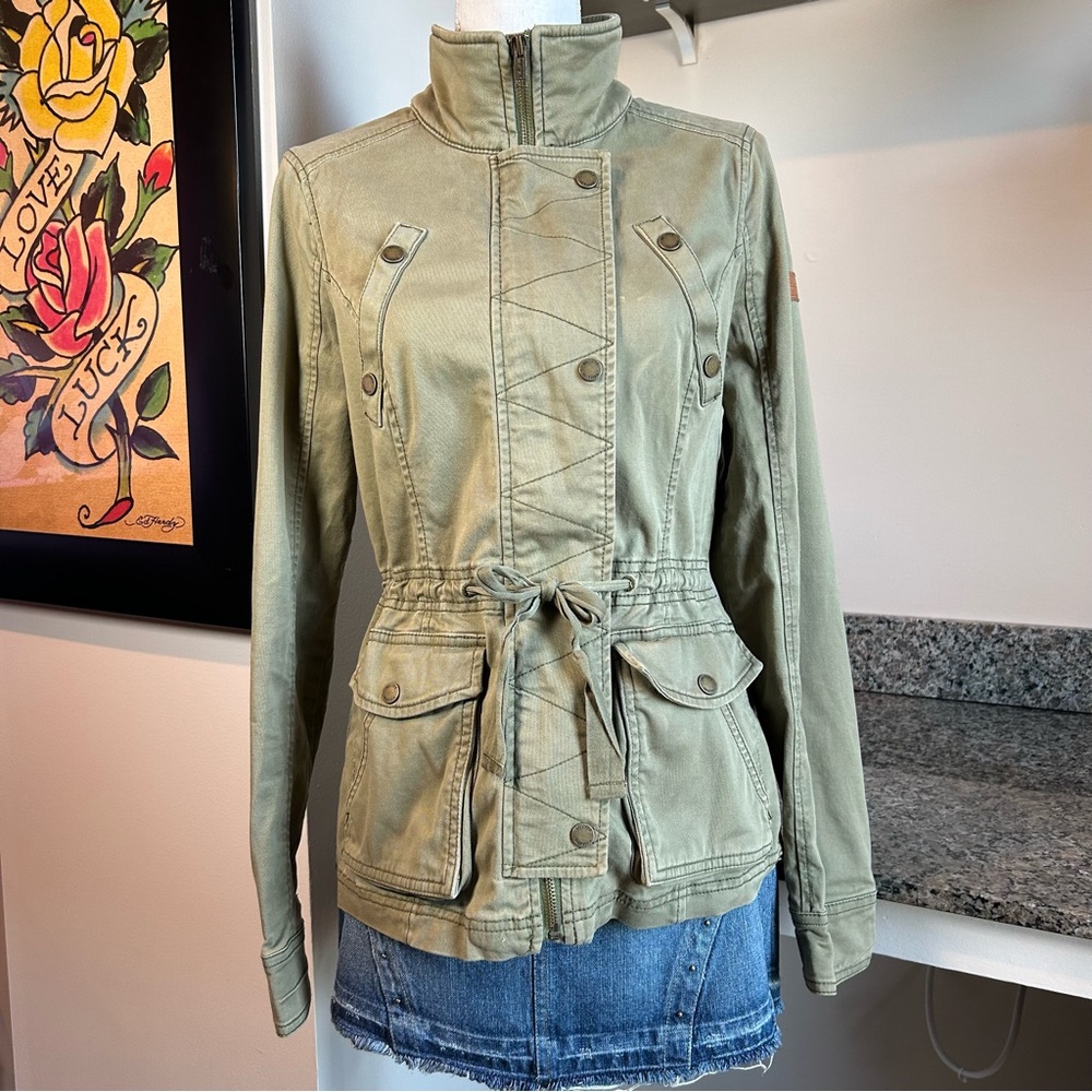 Hollister Y2K Military Style Army Green Medium Button Up Cinched Jacket